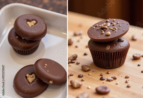 Delectable Chocolate Treats Featuring Rich Brown Cupcakes and Circular Chocolate Disks with Heart Accents and Textured Decorations on a Modern Tray