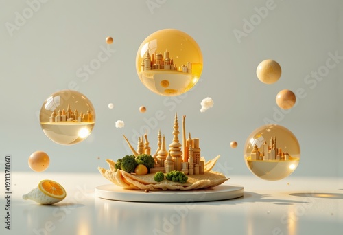 Floating Spheres with Miniature Architectural Cityscape Reflections Hovering Above an Ornate Pastry Dish