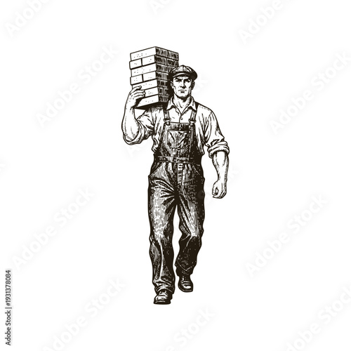 Vintage engraving illustration of a strong construction worker or bricklayer carrying a heavy stack of bricks on his shoulder.