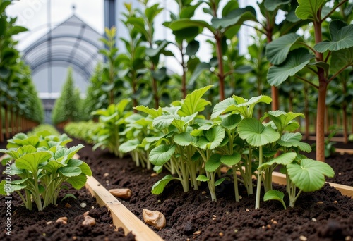 Lush Greenhouse Interior with Thriving Young Plants and Rows of Vibrant Green Foliage Showcasing Healthy Growth and Cultivation in a Controlled Environment