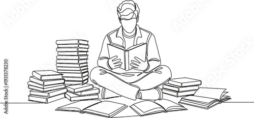 A person sitting cross legged surrounded by stacks of books in a studious atmosphere