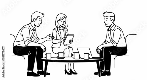 Business people meeting and discussing project with tablet and laptop in a cafe.