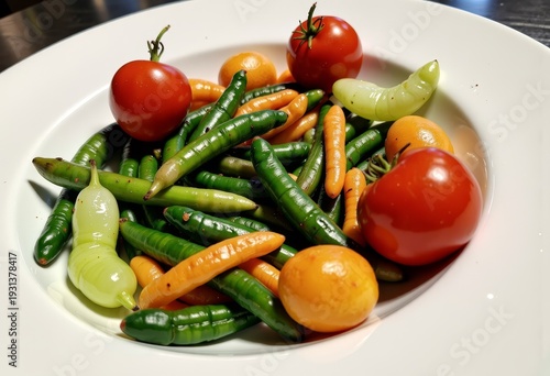 Vibrant Assortment of Fresh Colorful Chilies and Heirloom Tomatoes Artfully Arranged on a White Plate Highlighting Freshness and Variety