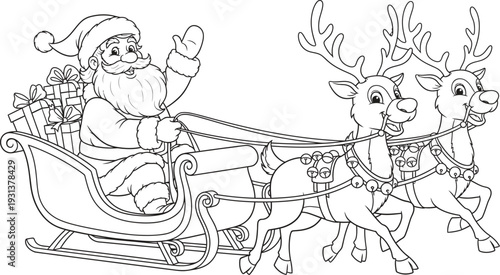Santa claus riding in a sleigh pulled by reindeer on a winter night