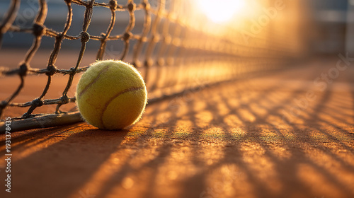 Close-up of a tennis ball on a clay court at sunset, dramatic lighting