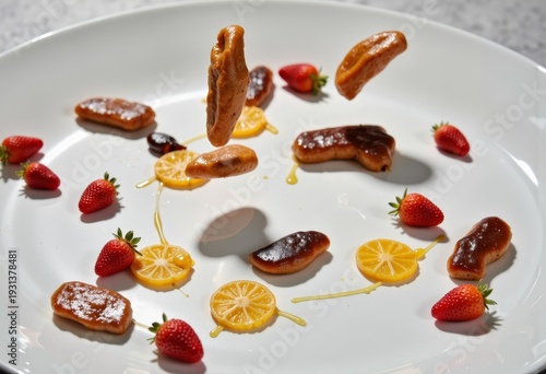 Artistic Display of Delectable Pastries and Fresh Strawberries with Citrus Slices on a Pristine White Plate Embodies Culinary Creativity and Flavorful Elegance