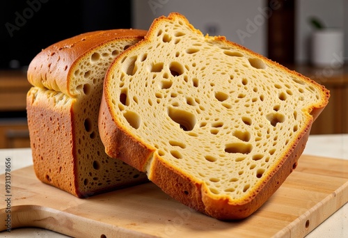 Freshly Baked Loaf of Homemade Bread with Golden Crust and Soft, Airy Center on Wooden Cutting Board in Kitchen Setting with Natural Light