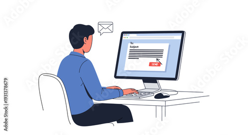 Man sending an email on a desktop computer illustration.
