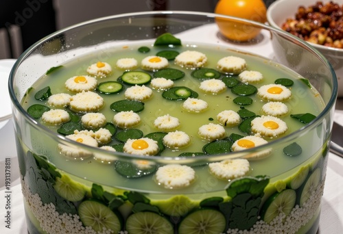 A Refreshing Citrus and Cucumber Infused Beverage Adorned with Delicate Edible Flowers in a Clear Glass Serving Bowl for Elegant Dining Occasions