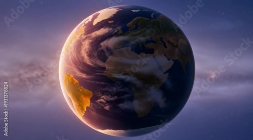 Planet Earth with rotation time-lapse effect, fast moving clouds, sunlight changing from day to night, soft galaxy background, epic and modern visuals