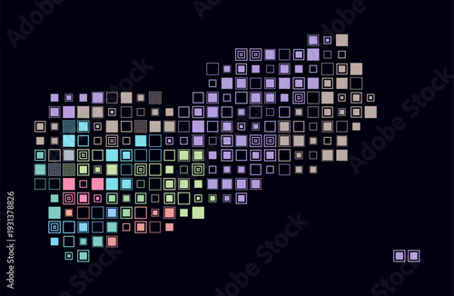 Yemen, shape of the country build of colored cells. Digital style map of the Yemen on dark background. Large size square blocks. Creative vector illustration.