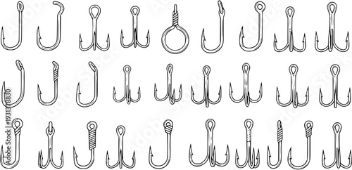 Diverse Fishing Hooks: A Collection of Single and Treble Designs in Vector Illustration