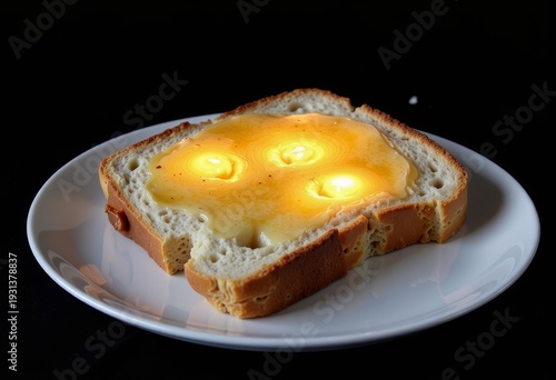 Melted Cheese on Lightly Toasted Bread Slice with Glowing Cheese Bubbles on a White Plate Against a Dark Background