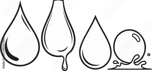 Four diverse water drops in different shapes and states of movement