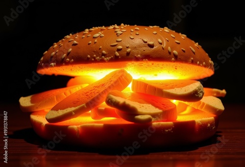 Illuminating cheeseburger lamp with sesame seed bun and glowing cheese layers creating a warm ambient light on a dark wooden surface