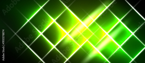 Bright green neon grid pattern. Lines intersect creating luminous squares, radiating from central point. Dark background enhances glow.