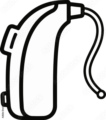 Line art illustration of a behind-the-ear hearing aid with a thin wire