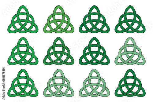 Celtic knot icons collection with green trinity triquetra symbols for saint patricks day and irish heritage design elements on transparent