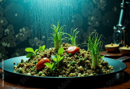 Artistic Culinary Presentation of Quinoa Salad with Fresh Herbs and Tomatoes Under Dramatic Lighting