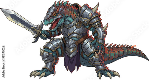 A heavily armored dinosaur warrior stands ready for battle with a sword in a fantasy landscape