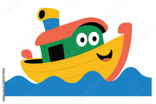 Cute cartoon tugboat illustration with happy smiling face navigating blue wavy waters against transparent background