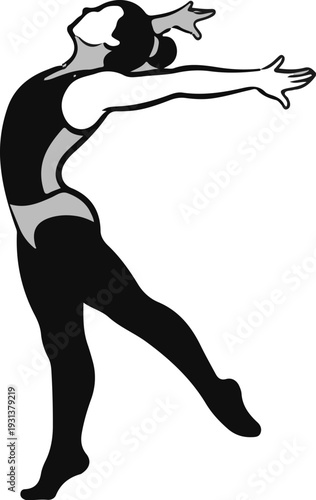 Stylized figure in a dynamic pose, black and gray