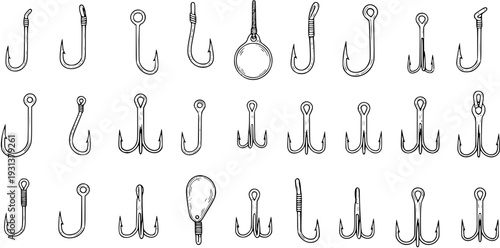 Vintage Engraving Style Set of Fishing Hooks. Hand Drawn Collection of Various Single, Double, Treble Fish Hooks and Jig Heads for Angling Equipment.