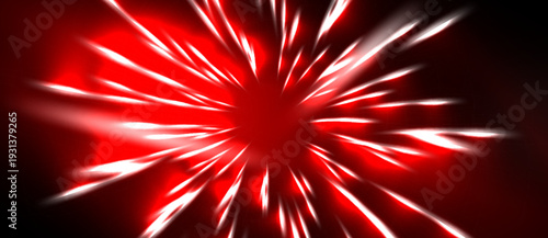 Bright red burst radiates outward. Sharp lines create dynamic energy, contrasted against dark background. Intense visual impact.