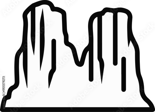 Stylized illustration of two towering rock formations with vertical lines