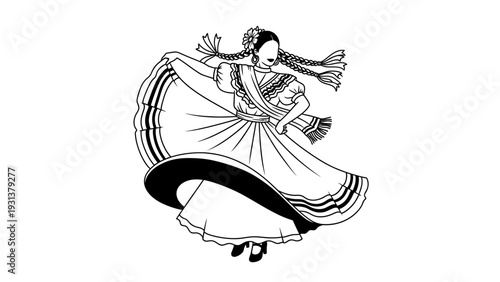 Traditional Mexican folkloric dancer woman line art illustration.