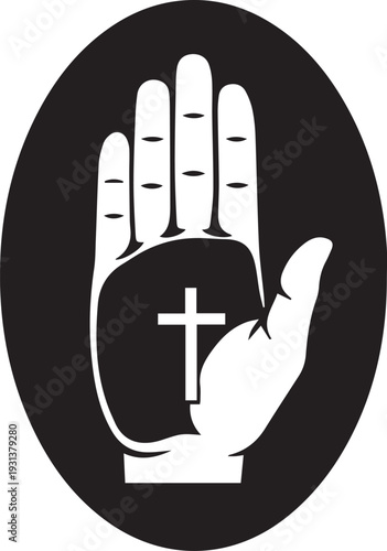 Christianity hand palm silhouette vector illustration with cross symbol within black oval