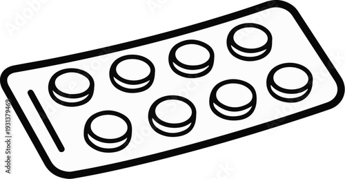 A black and white line drawing of a blister pack with eight round pills
