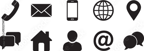 Contact information icons set in thin line style. Phone, email, address vector collection.