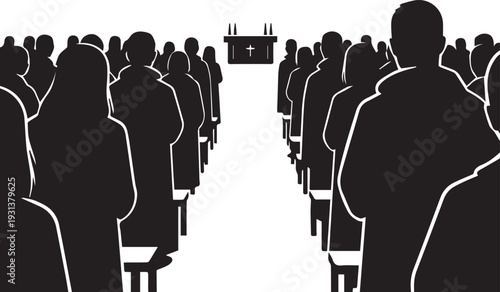 Religious congregation silhouette vector illustration of church service with altar and pews