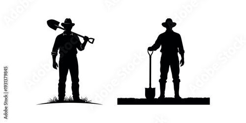 Two silhouette miners with tools