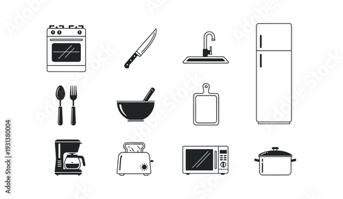 Kitchen Appliances and Utensils Minimalist Icon Set.