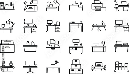 Modern Office Workspace Line Icon Set, Business Workplace Desk Computer Furniture Outline Vector Icons Collection for Web App UI UX Infographic Dashboard and Office Management Design