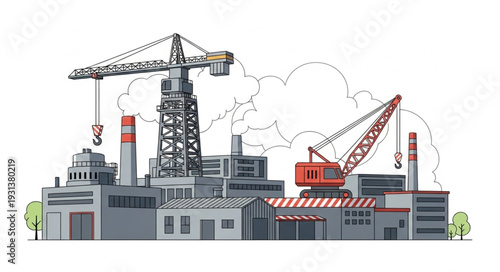 Industrial Factory with Cranes and Buildings.