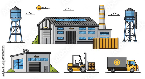 Industrial Factory with Equipment and Vehicles.