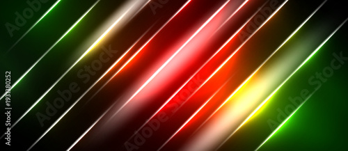 Abstract diagonal lines create vibrant color gradients. Red dominates center, flanked by green, gold, white. Dark background enhances luminosity.