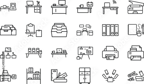 Modern Office Workspace Line Icon Set, Business Workplace Desk Computer Furniture Outline Vector Icons Collection for Web App UI UX Infographic Dashboard and Office Management Design