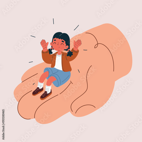 Cartoon vector illustration of small girl sitting on open palm, protection concept, gentle hand as metaphor for safety, care and guardianship