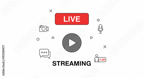 Live Streaming Media Icons Set with Play Button and Camera.