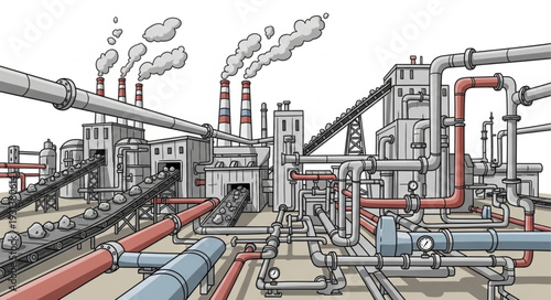 Industrial Factory with Pipes and Smokestacks.