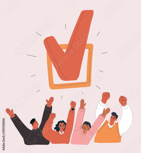 Cartoon vector illustration of people raising hands with checkmark above, approval concept, raised hands as metaphor for consensus, agreement and collective decision