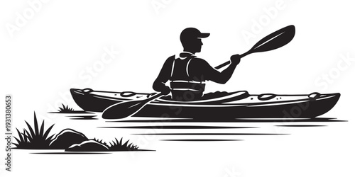 Summer Kayaking Silhouette, Vector Illustration, Isolated on White Background