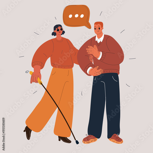 Cartoon vector illustration of blind woman being guided by man, assistance and accessibility concept, guiding hand as metaphor for trust, support and empathy