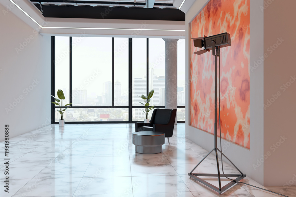 Obraz premium Modern studio interior with large windows, seating area, bright marble floor, art wall and lighting equipment in contemporary building. 3D Rendering