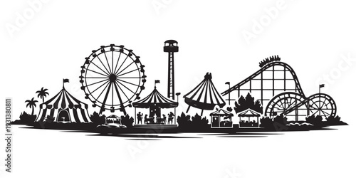 Summer Amusement Park Silhouette, Vector Illustration, Isolated on White Background