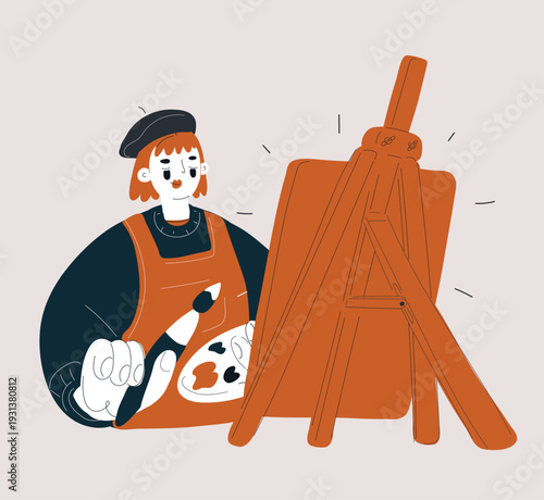 Cartoon vector illustration of woman artist painting on easel, creativity and self-expression concept, brush and canvas as metaphor for imagination and artistic vision